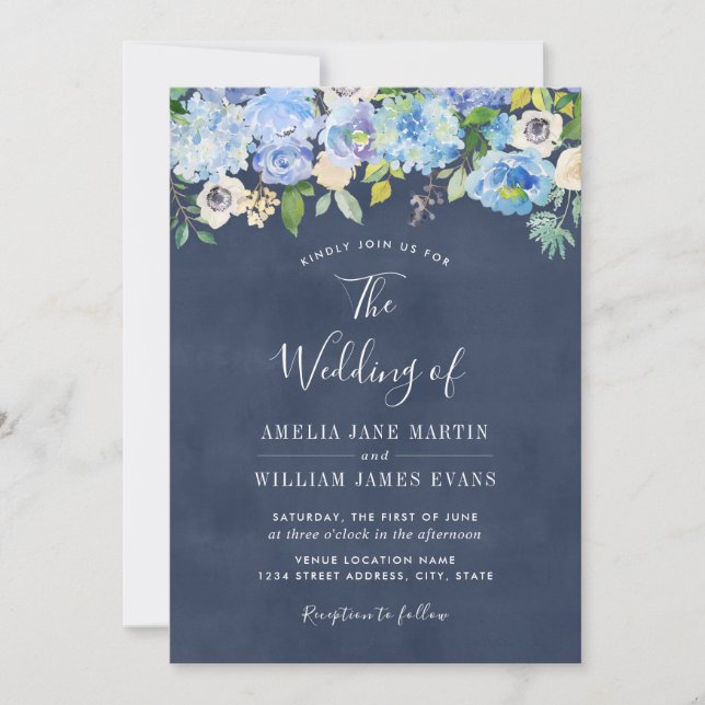 Elegant Blue Navy Floral Wedding Invitation (Front)