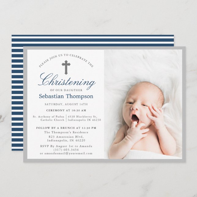 Elegant Blue Navy Stripes Photo Christening Invitation (Front/Back)