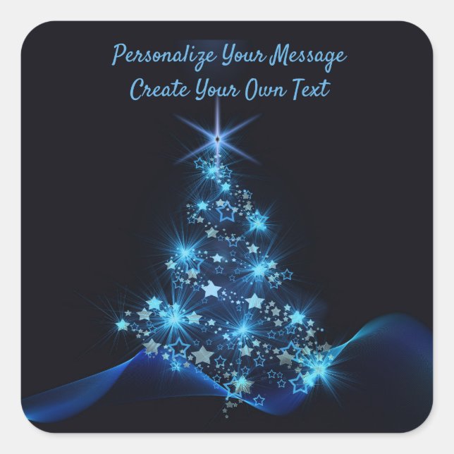 Elegant Blue Neon Christmas Tree Personalise Square Sticker (Front)