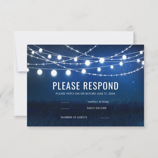 Elegant Blue Night & Silver String Lights RSVP Card (Front)