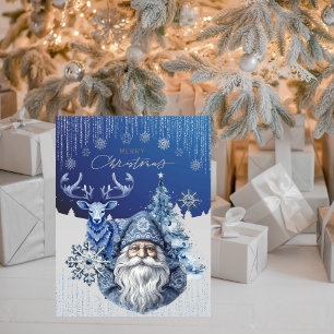 Elegant Blue Nordic Santa Christmas Cheer Holiday Card