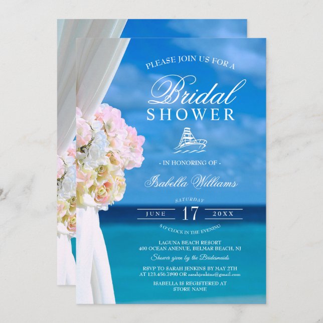 Elegant Blue Ocean Beach Bridal Shower Invitation (Front/Back)