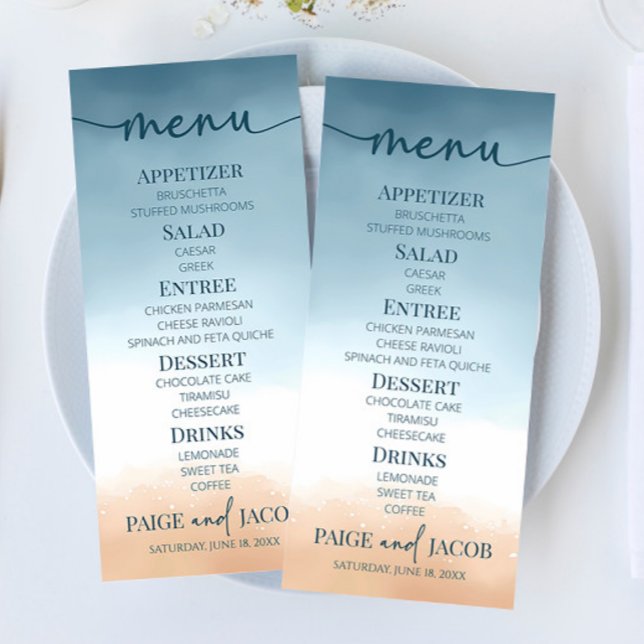 Elegant Blue Ocean Beach Shore Sand Wedding Menu (Creator Uploaded)