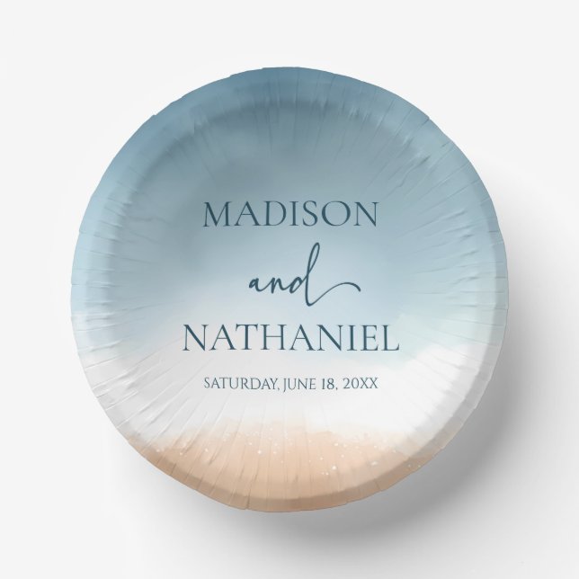 Elegant Blue Ocean Beach Shore Sand Wedding Paper Plate (Front)