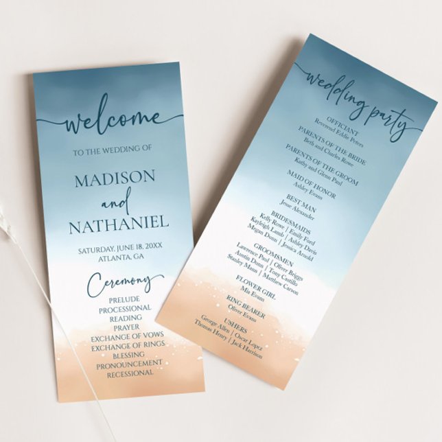 Elegant Blue Ocean Beach Shore Sand Wedding Programme (Creator Uploaded)