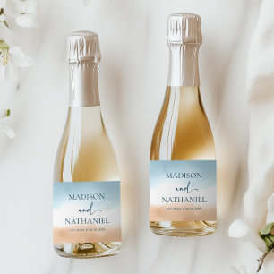 Elegant Blue Ocean Beach Shore Sand Wedding Sparkling Wine Label