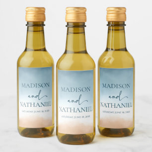 Elegant Blue Ocean Beach Shore Sand Wedding Wine Label