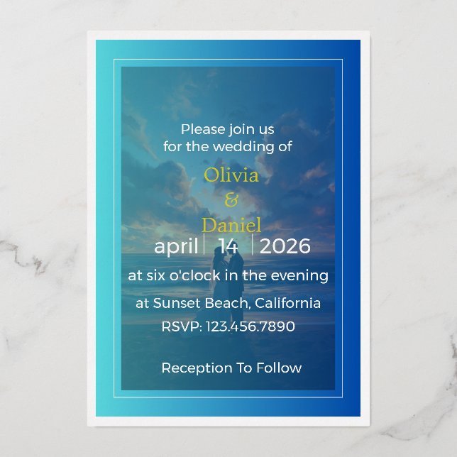 Elegant Blue Ocean Foil Wedding Invitation (Front)