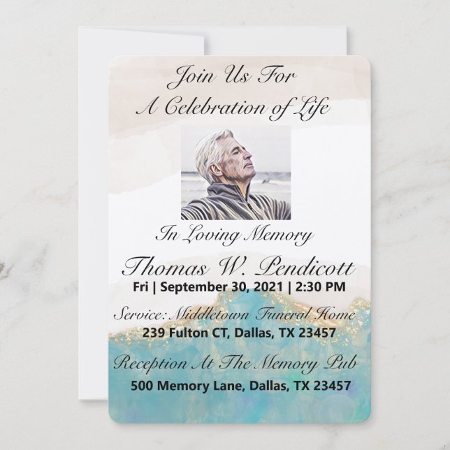 Elegant Blue Ocean Marble Celebration of Life Invitation (Front)