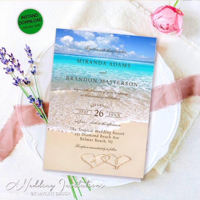 Elegant Blue Ocean Tropical Beach Wedding Invitation (Creator Uploaded)
