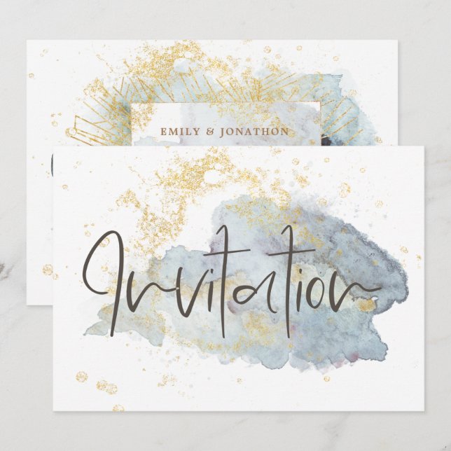 Elegant Blue Ombré Watercolor Gold Accents Wedding Invitation (Front/Back)