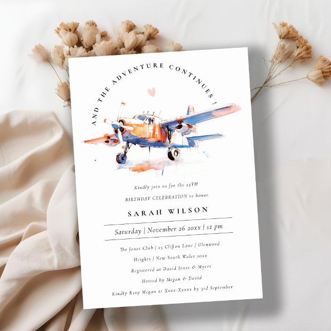 Elegant Blue Orange Blush Aeroplane Birthday Invitation (Creator Uploaded)