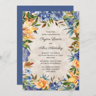 Elegant Blue Orange Watercolor Floral Wedding  Invitation