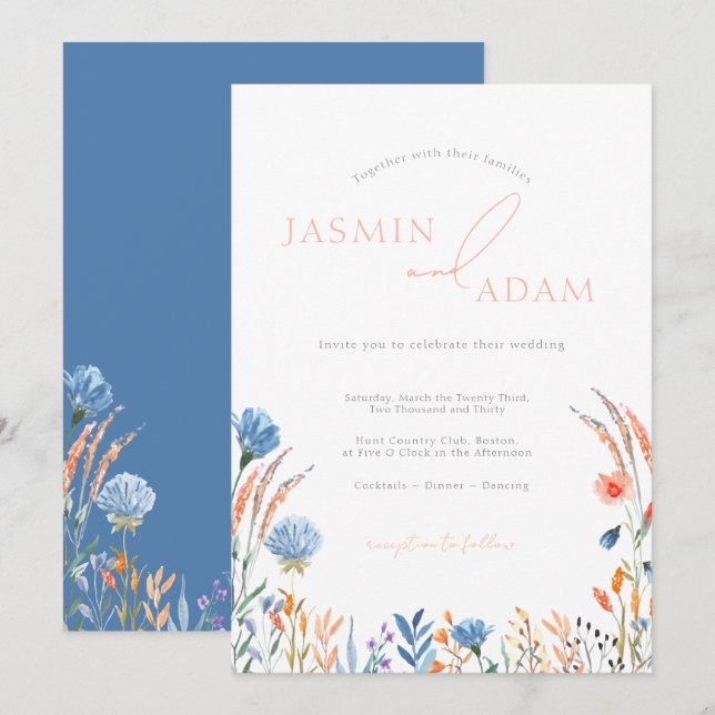 Elegant Blue Orange Wildflower Monogram Wedding Invitation (Front/Back)