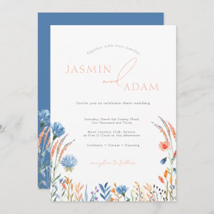 Elegant Blue & Orange Wildflowers Wedding Invitation