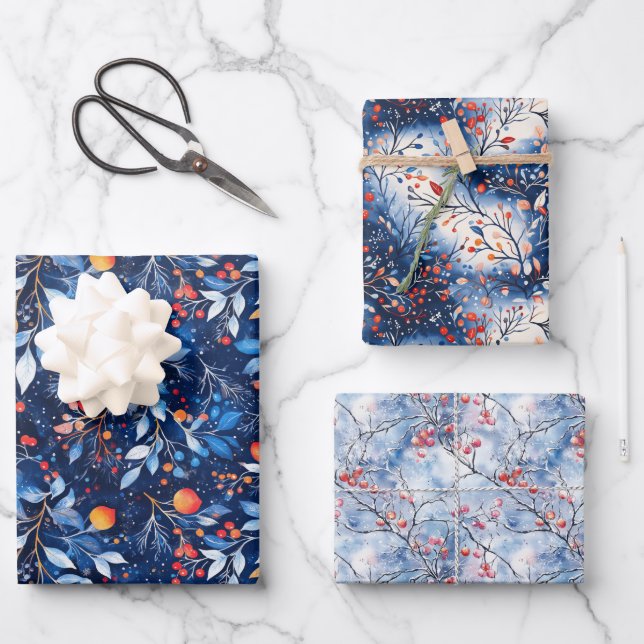 Elegant Blue Orange Winter Branches  Wrapping Paper Sheet (Front)