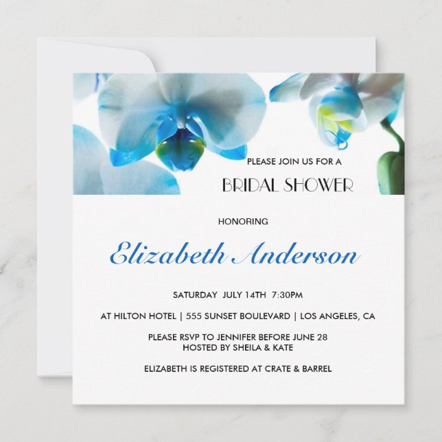 Elegant Blue Orchids Bridal Shower Invitation (Front)