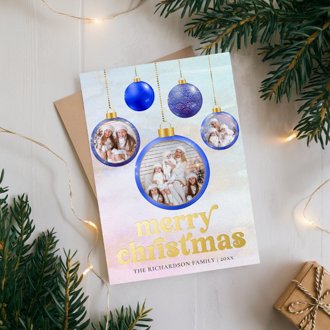 Elegant Blue Ornament Christmas Photo (Elegant Blue Ornament Christmas Photo Foil Holiday Card)