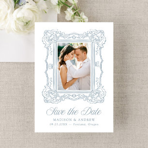 Elegant Blue Ornate Frame Photo Wedding Save The Date