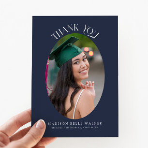 Elegant Blue Oval Graduation Photo Thank You Card