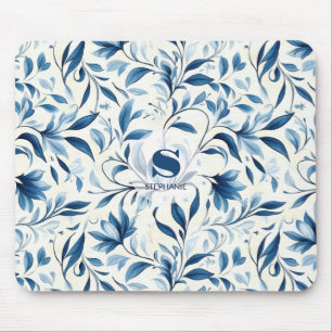 Elegant Blue Paisley Leaves - White Background (1) Mouse Pad