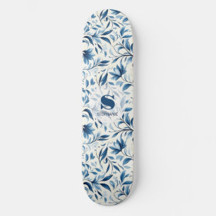 Elegant Blue Paisley Leaves - White Background (1) Skateboard