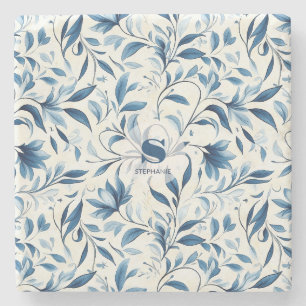 Elegant Blue Paisley Leaves - White Background (1) Stone Coaster