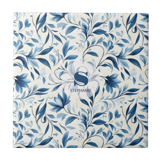 Elegant Blue Paisley Leaves - White Background (1) Tile (Front)