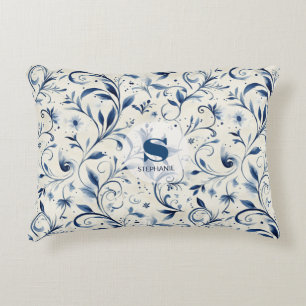 Elegant Blue Paisley Leaves - White Background (2) Decorative Cushion