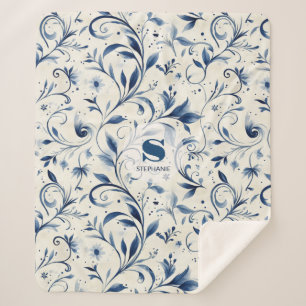 Elegant Blue Paisley Leaves - White Background (2) Sherpa Blanket