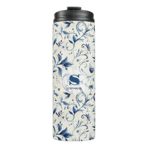 Elegant Blue Paisley Leaves - White Background (2) Thermal Tumbler