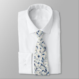 Elegant Blue Paisley Leaves - White Background (2) Tie