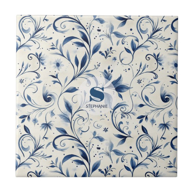 Elegant Blue Paisley Leaves - White Background (2) Tile (Front)