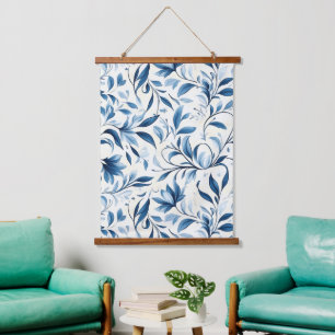 Elegant Blue Paisley Leaves - White Background Hanging Tapestry