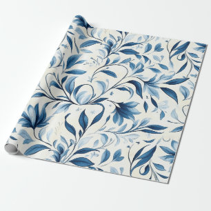 Elegant Blue Paisley Leaves - White Background Wrapping Paper