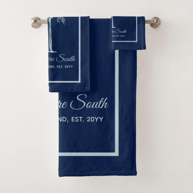 Elegant Blue Pale Teal Palm Tree Personalised Bath Towel Set (Insitu)