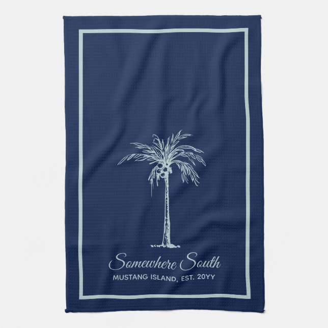 Elegant Blue Pale Teal Palm Tree Personalised Tea Towel (Vertical)