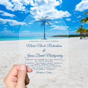 Elegant Blue Palm Formal Beach Wedding Acrylic Invitations