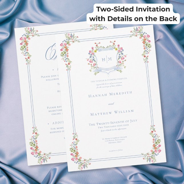 Elegant Blue Pastel Flower Crest Wedding Two Sided Invitation (Elegant Blue Pastel Flower Crest Wedding Two Sided Invitation)