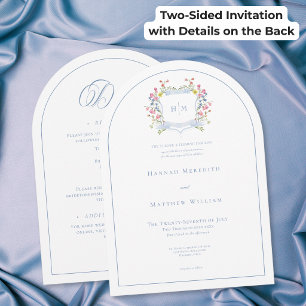 Elegant Blue Pastel Wildflower Arch Crest Wedding Invitation