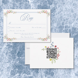 Elegant Blue Pastel Wildflower Border Wedding RSVP Card