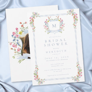 Elegant Blue Pastel Wildflower Crest Bridal Shower Invitation