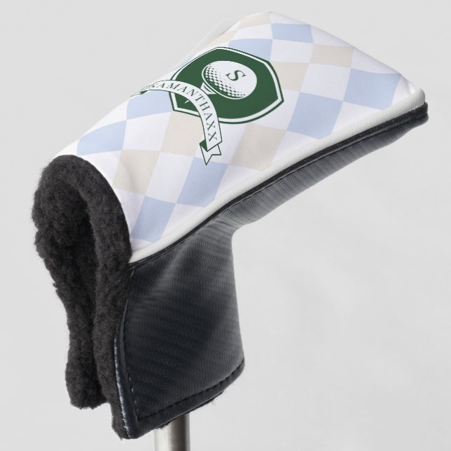 Elegant Blue Pattern Green Golfer Name Monogram Golf Head Cover (3/4 Front)