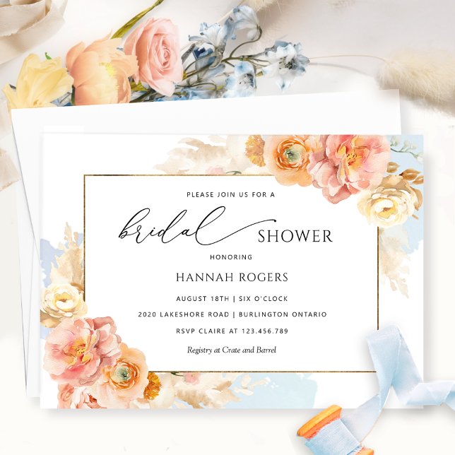 Elegant Blue Peach and Blush Bridal Shower Invitation (Creator Uploaded)