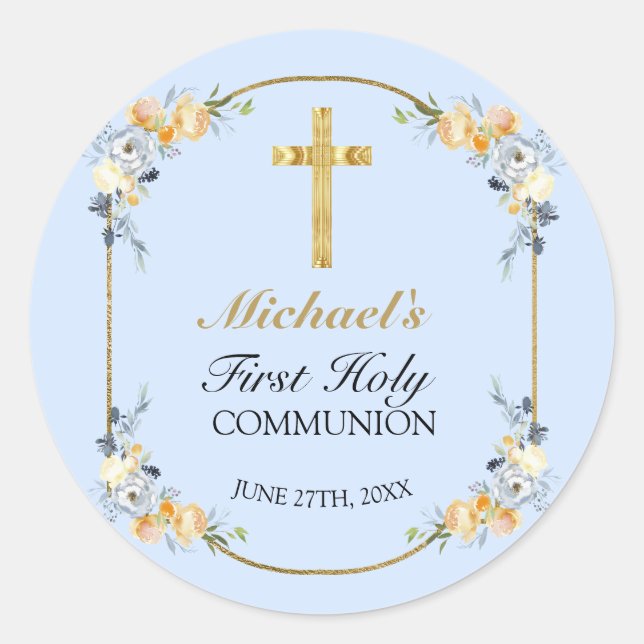 Elegant Blue Peach Floral 1st Holy Communion Classic Round Sticker (Front)