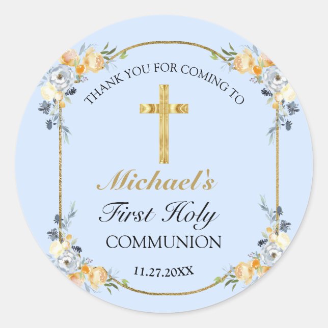Elegant Blue Peach Floral Holy Communion Thank You Classic Round Sticker (Front)