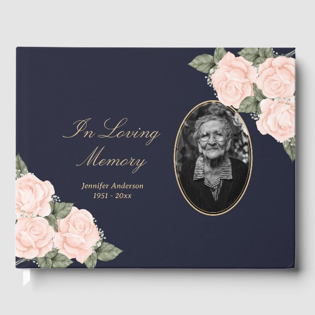 Elegant Blue Peach Floral Photo Funeral Guest Book (Front)