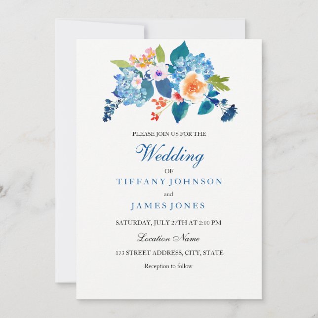 Elegant Blue & Peach Floral Wedding Invitation (Front)