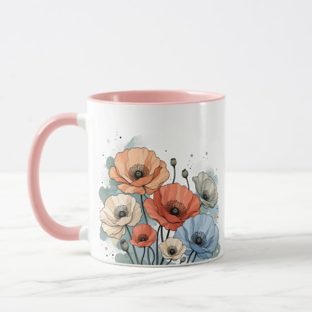 Elegant Blue & Peach Flower Design Mug (Left)