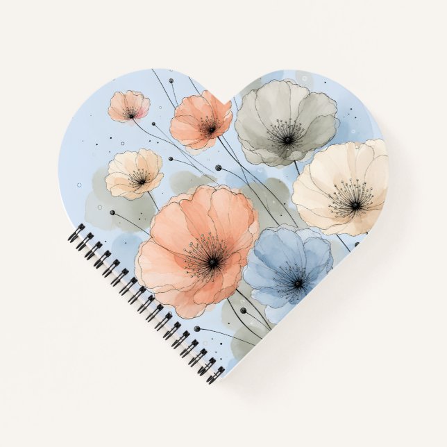 Elegant Blue & Peach Flower Design Notebook (Front)